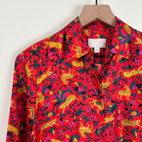 J.Crew 100% Silk Whimsical Button Up Shirt Blouse Floral Animal Cheetah Print - Picture 7 of 11